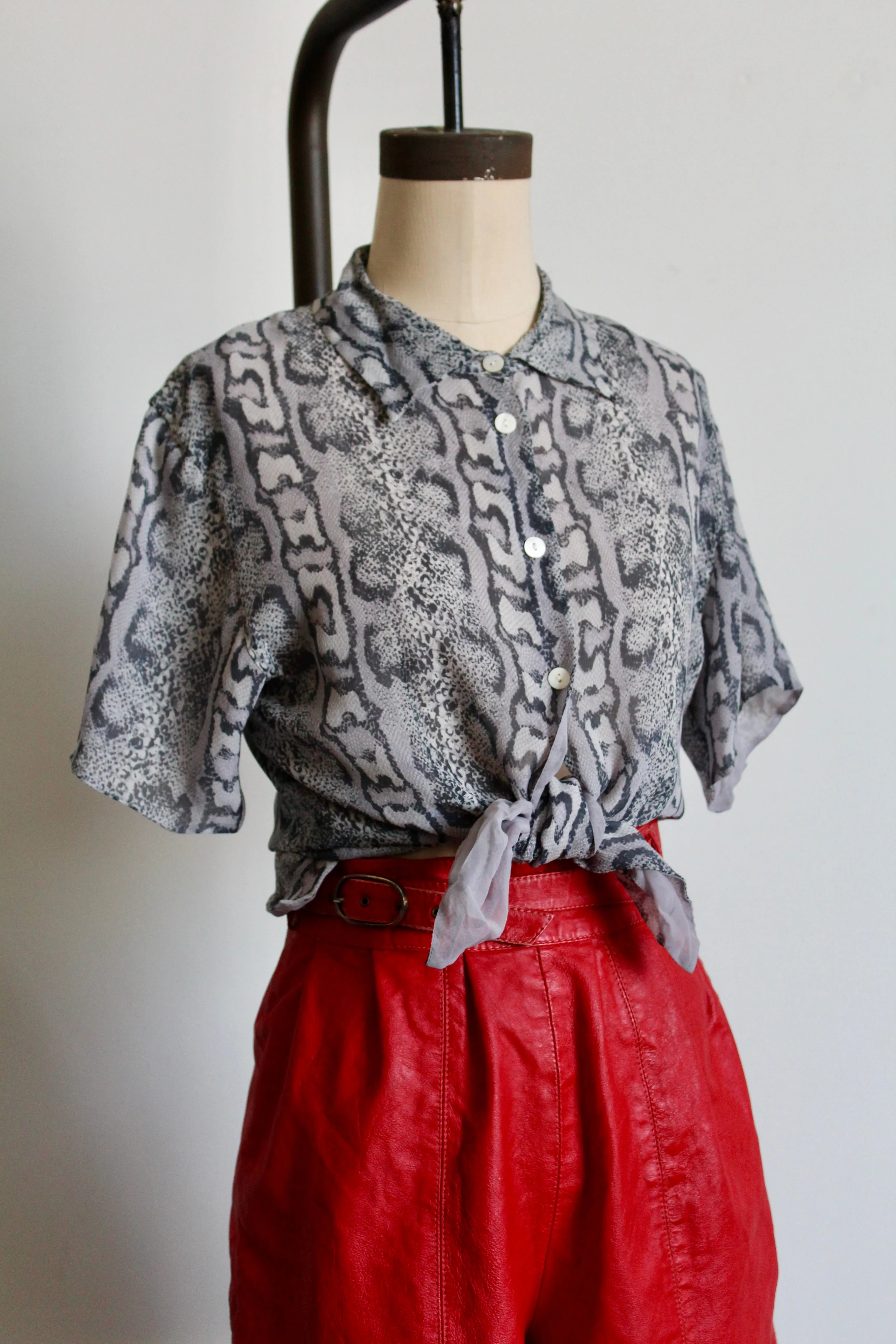 1980s Grey Silk Chiffon Snakeskin Print Button Up Blouse