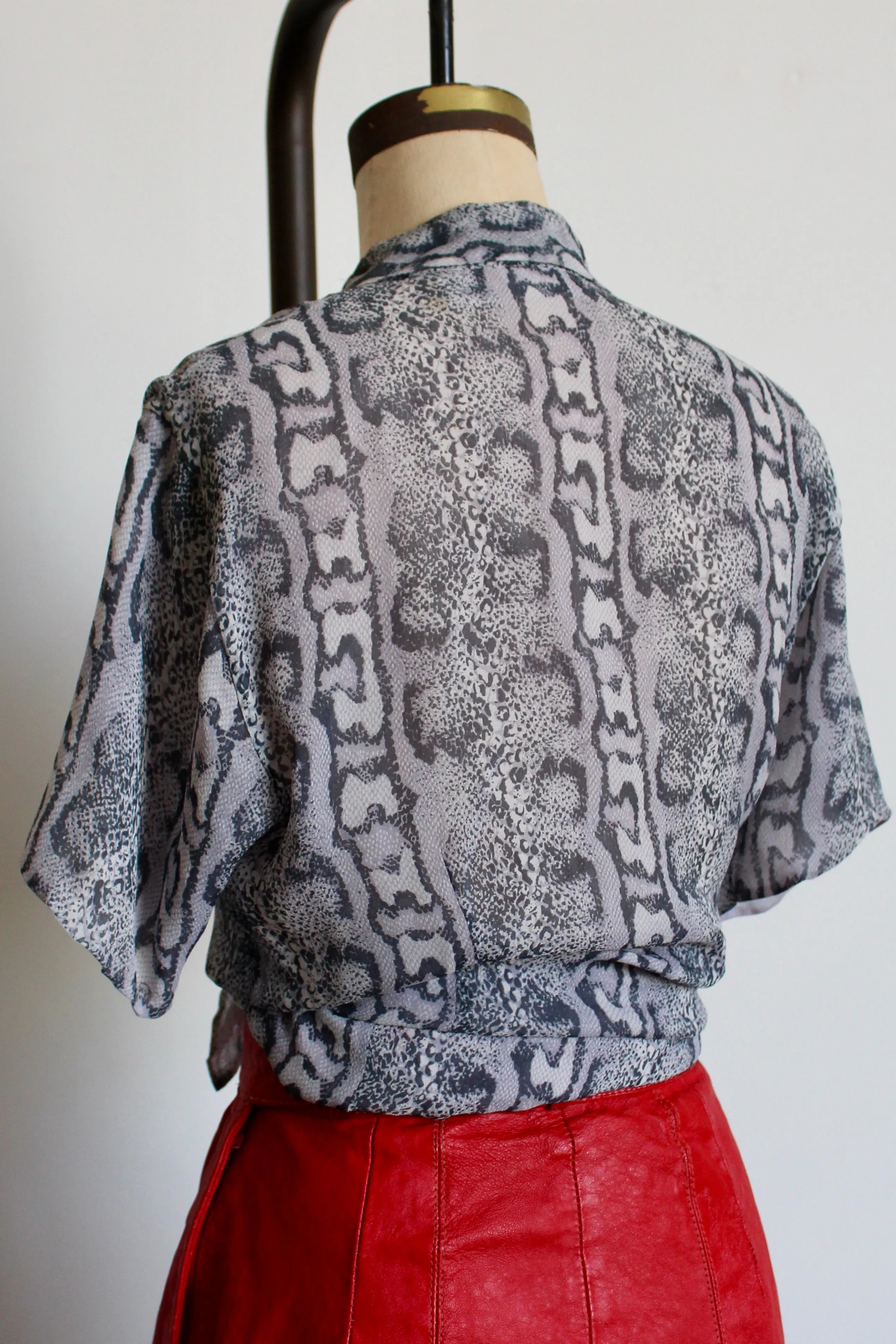 1980s Grey Silk Chiffon Snakeskin Print Button Up Blouse