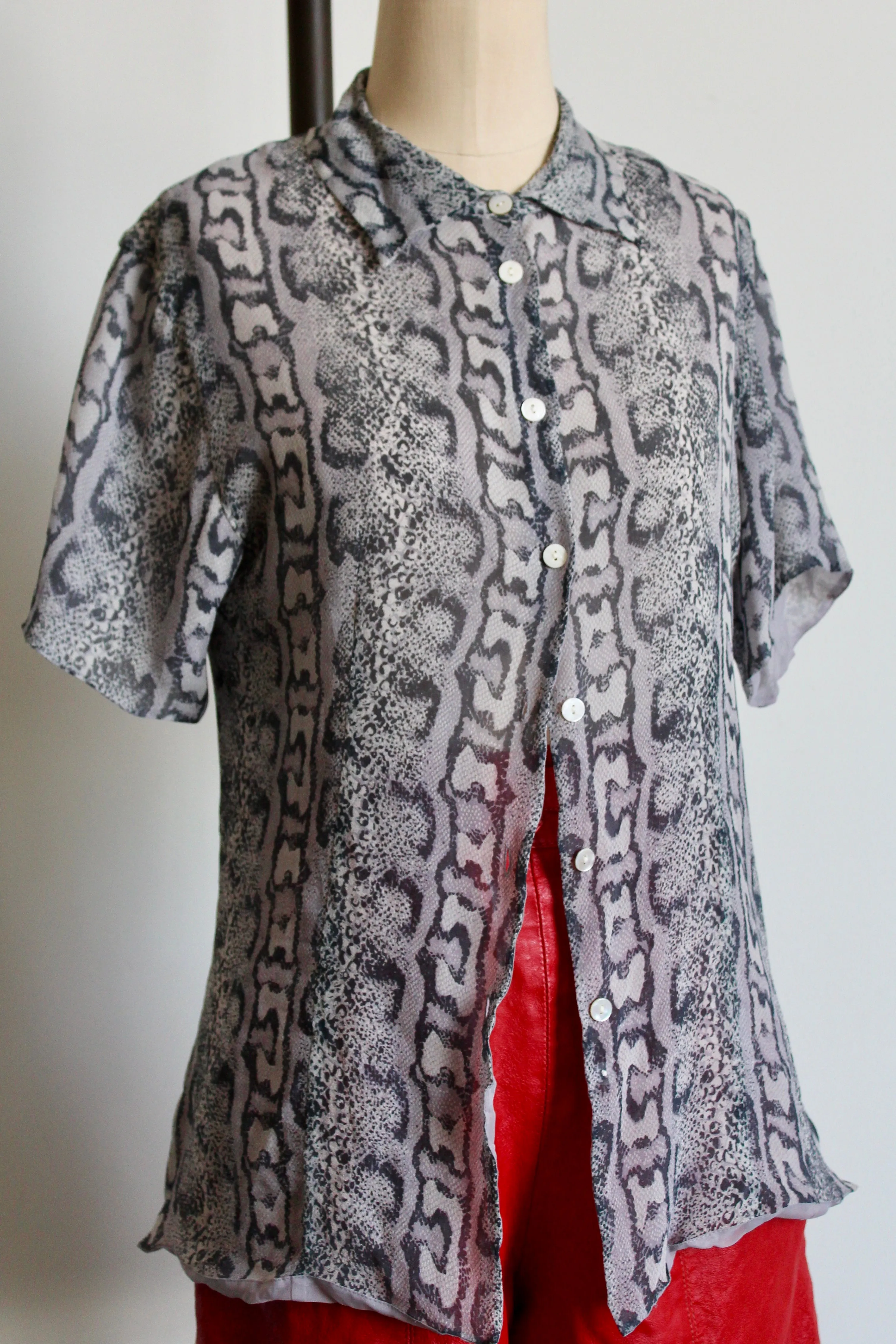 1980s Grey Silk Chiffon Snakeskin Print Button Up Blouse