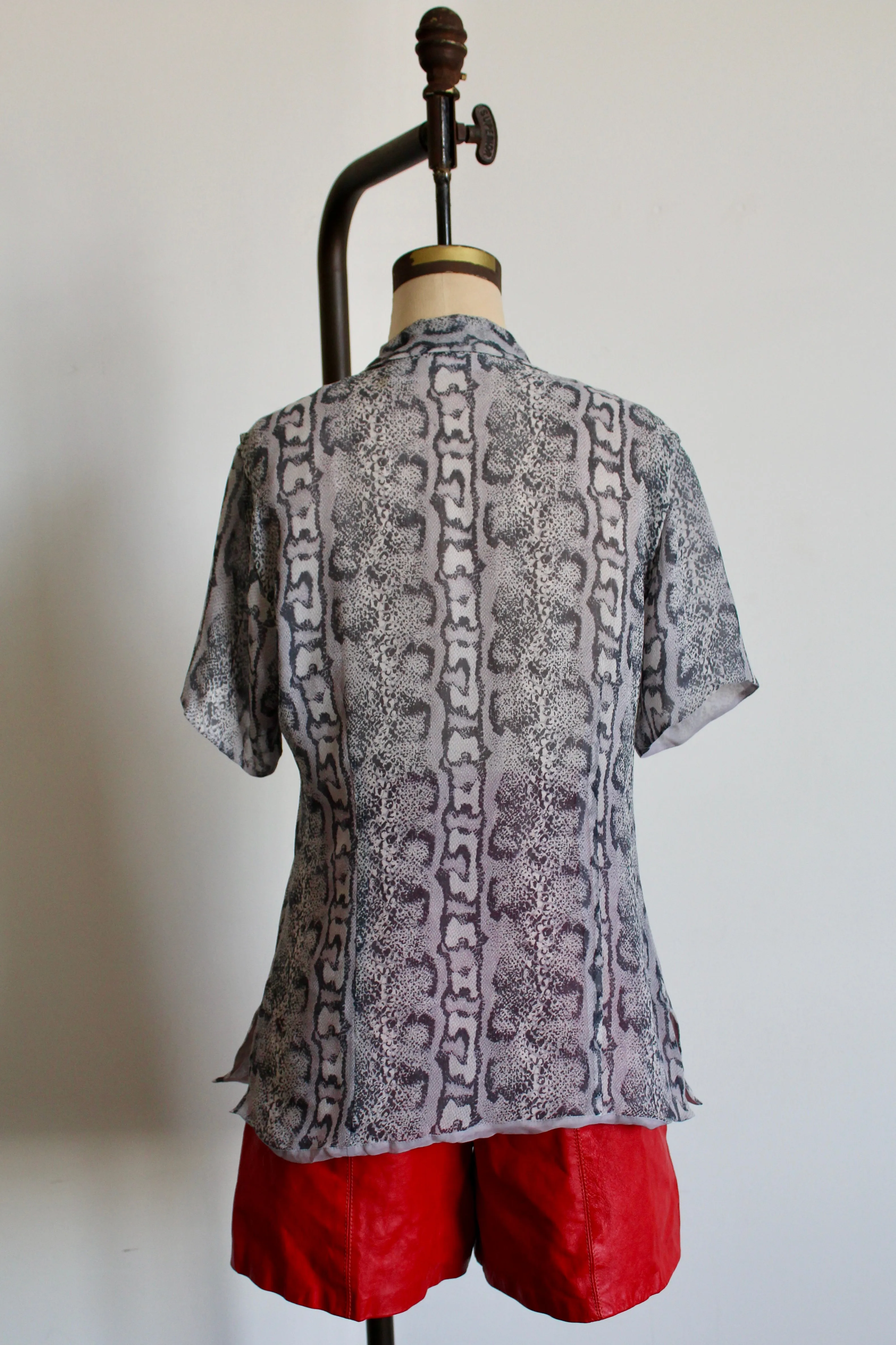 1980s Grey Silk Chiffon Snakeskin Print Button Up Blouse