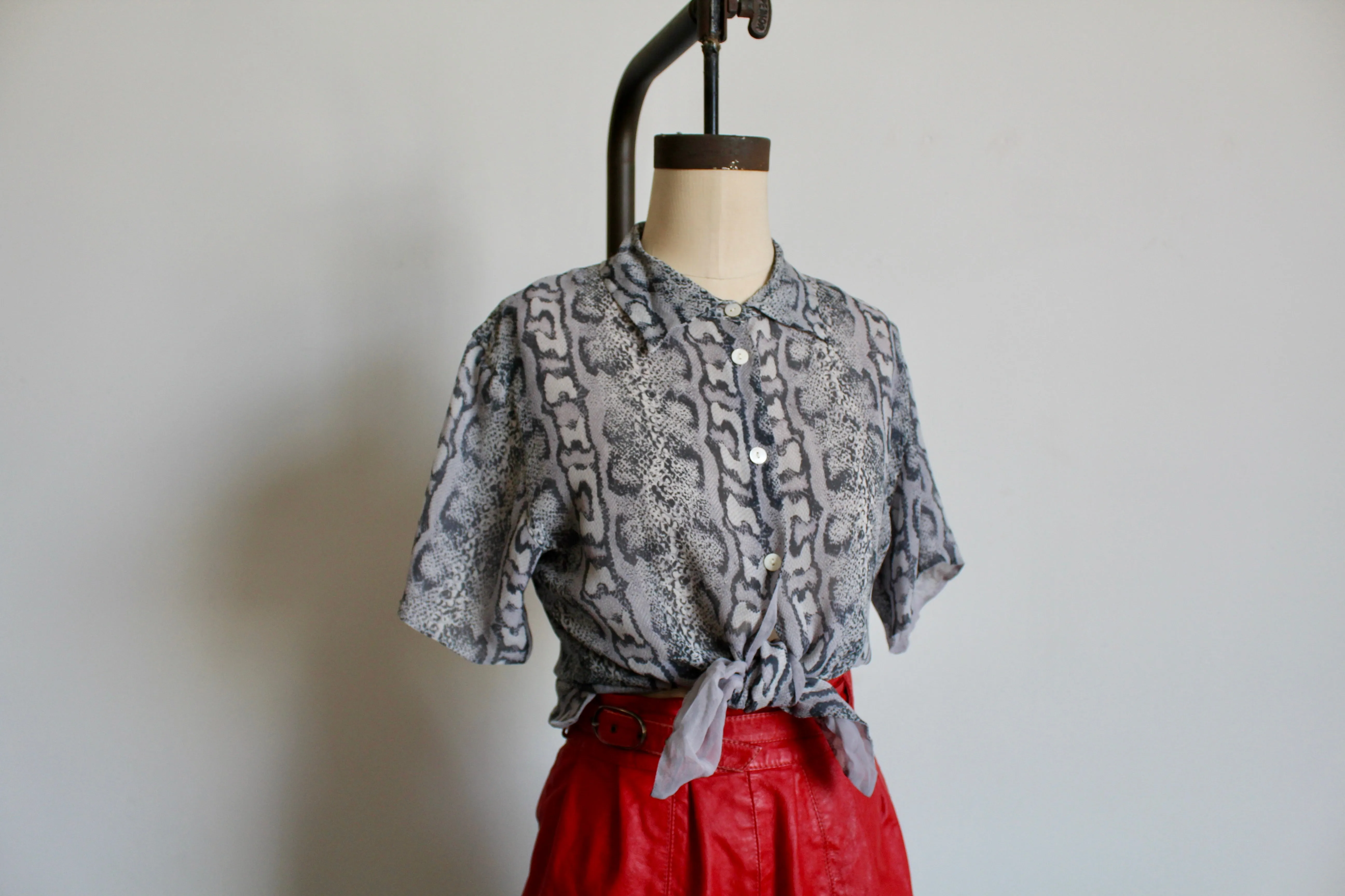 1980s Grey Silk Chiffon Snakeskin Print Button Up Blouse