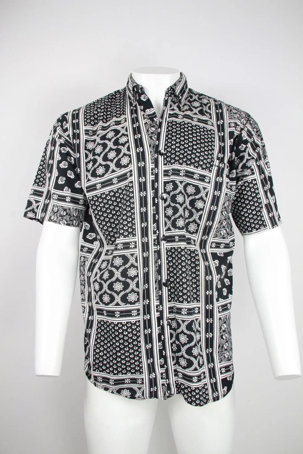 90s Short sleeve Cotton shirt - Black and white patchwork pattern - M/L