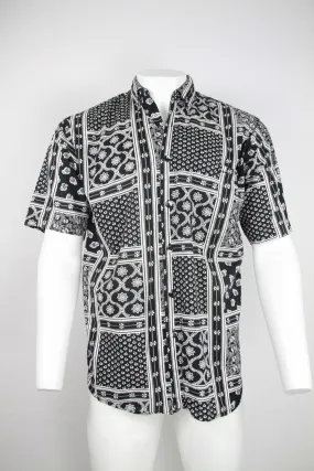 90s Short sleeve Cotton shirt - Black and white patchwork pattern - M/L