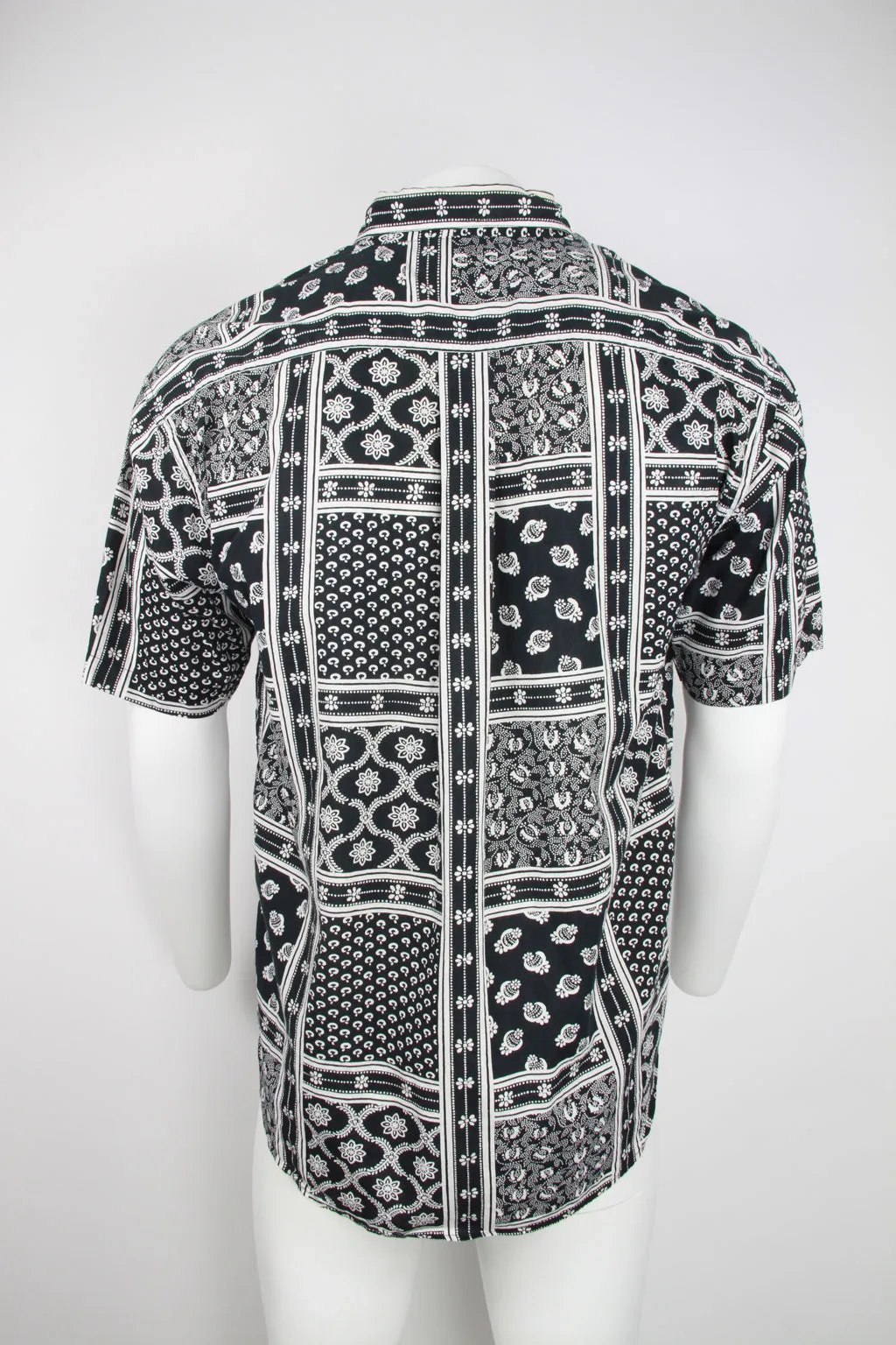 90s Short sleeve Cotton shirt - Black and white patchwork pattern - M/L