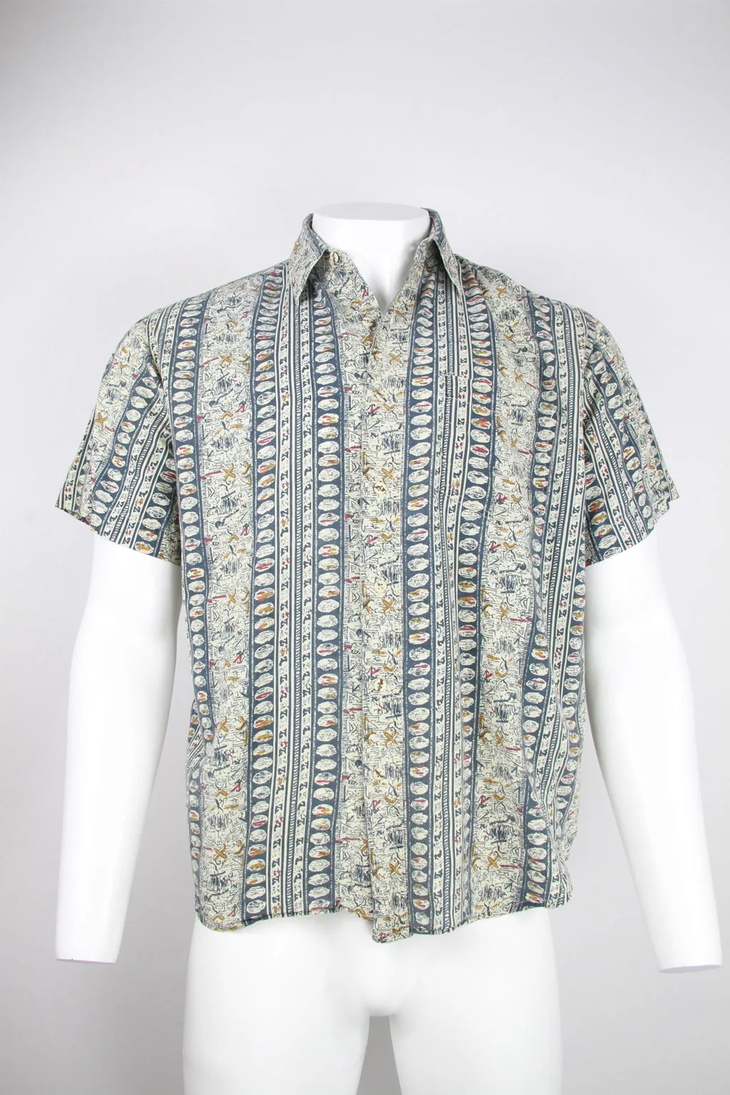 90s Short sleeve Cotton shirt - Blue grey pattern - M