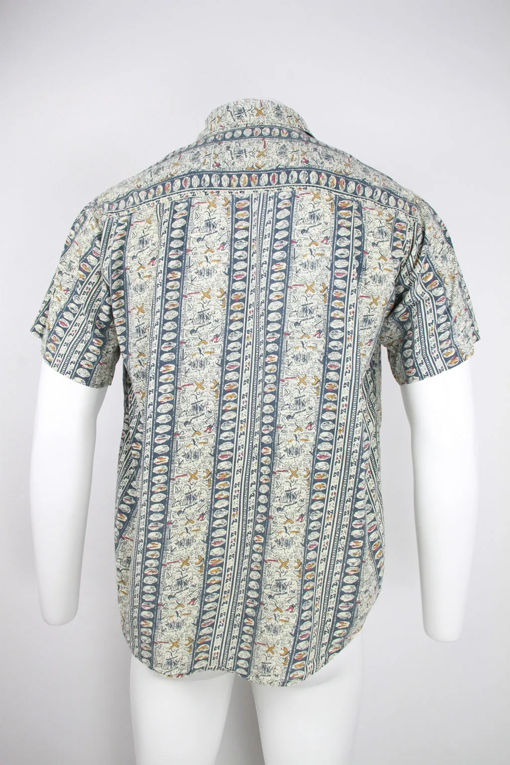 90s Short sleeve Cotton shirt - Blue grey pattern - M