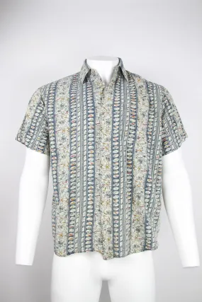90s Short sleeve Cotton shirt - Blue grey pattern - M