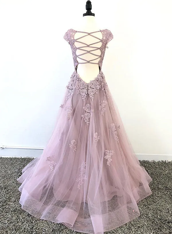 Beautiful Tulle Lace Long Formal Dress, A-Line Backless Evening Dress