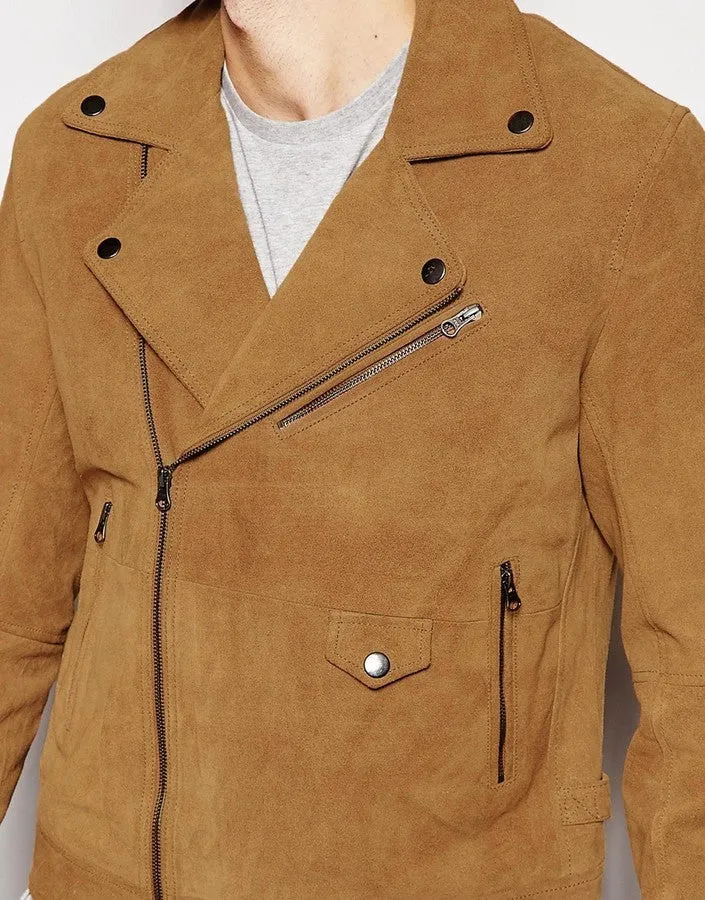 Besmi Tan Leather Suede Jacket Men Biker Motorcycle