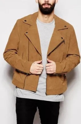 Besmi Tan Leather Suede Jacket Men Biker Motorcycle