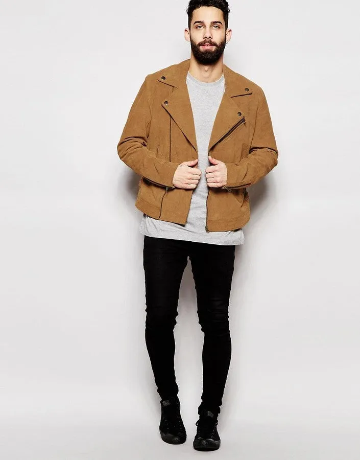 Besmi Tan Leather Suede Jacket Men Biker Motorcycle