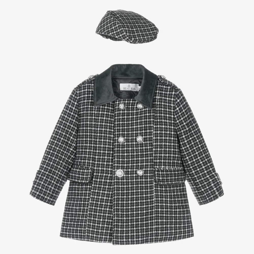 Boys Tweed Houndstooth Pea Coat with Matching Cap - Charcoal Grey