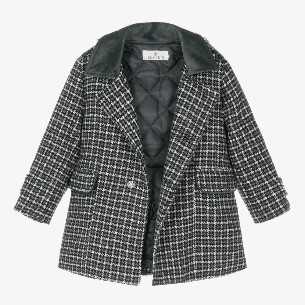 Boys Tweed Houndstooth Pea Coat with Matching Cap - Charcoal Grey