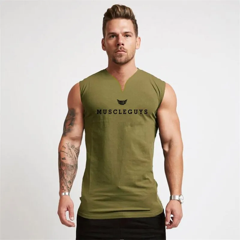 Brand Gym Clothing V Neck Compression Sleeveless Shirt Fitness Mens Tank Top Cotton Bodybuilding Tanktop Workout Vest