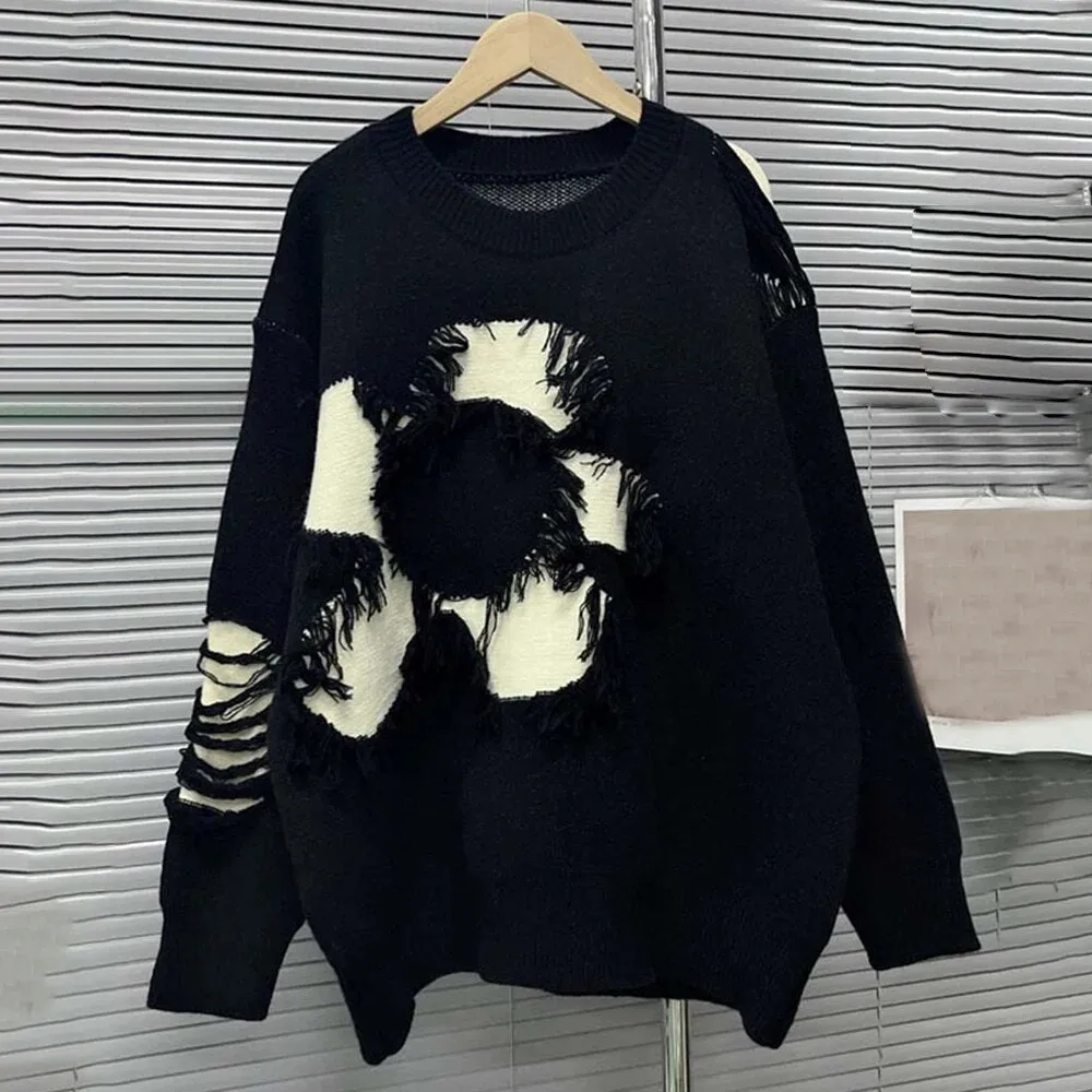 Casual Temperament Sweaters For Women Round Neck Long Sleeve Patchwork Tassel Loose Chic Sweater Female Fashion