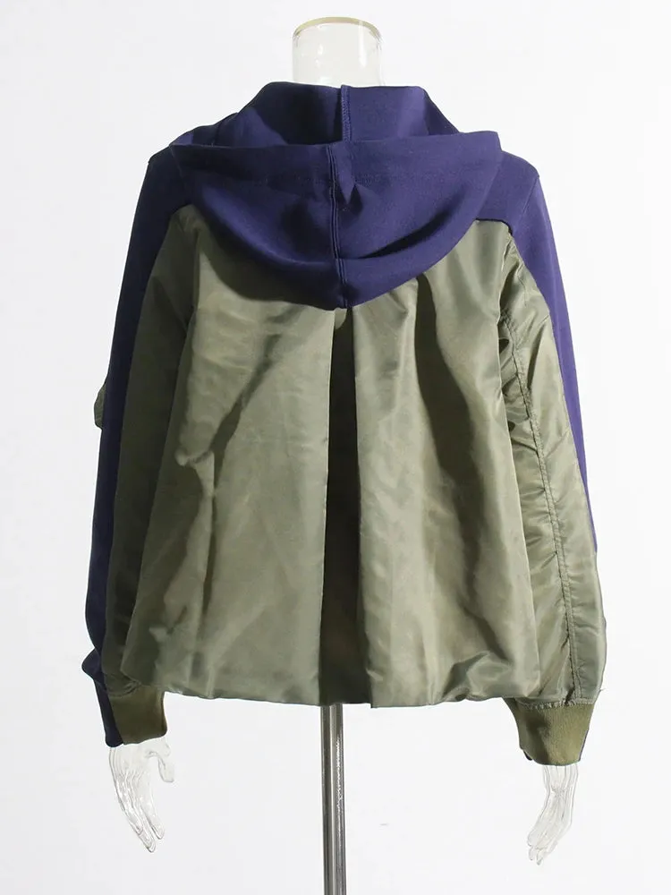 Colorblock Spliced Drawstring Sweatershirts For Women Hooded Long Sleeve Patchwork Zipper Chic Sweatershirt Female