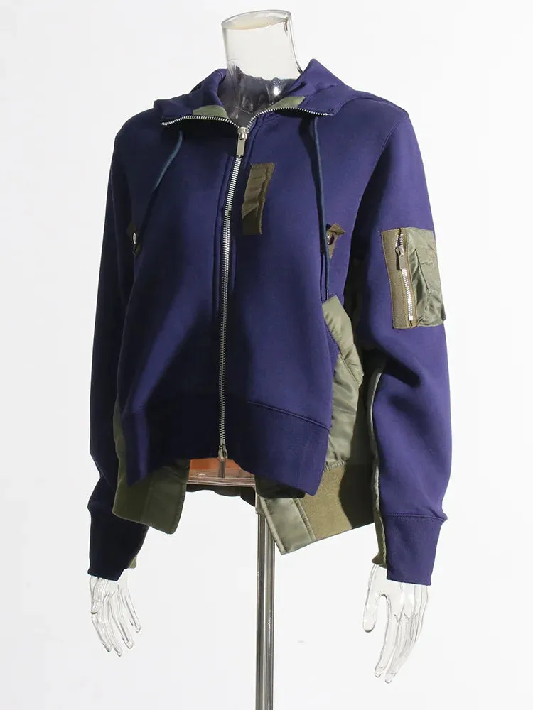 Colorblock Spliced Drawstring Sweatershirts For Women Hooded Long Sleeve Patchwork Zipper Chic Sweatershirt Female
