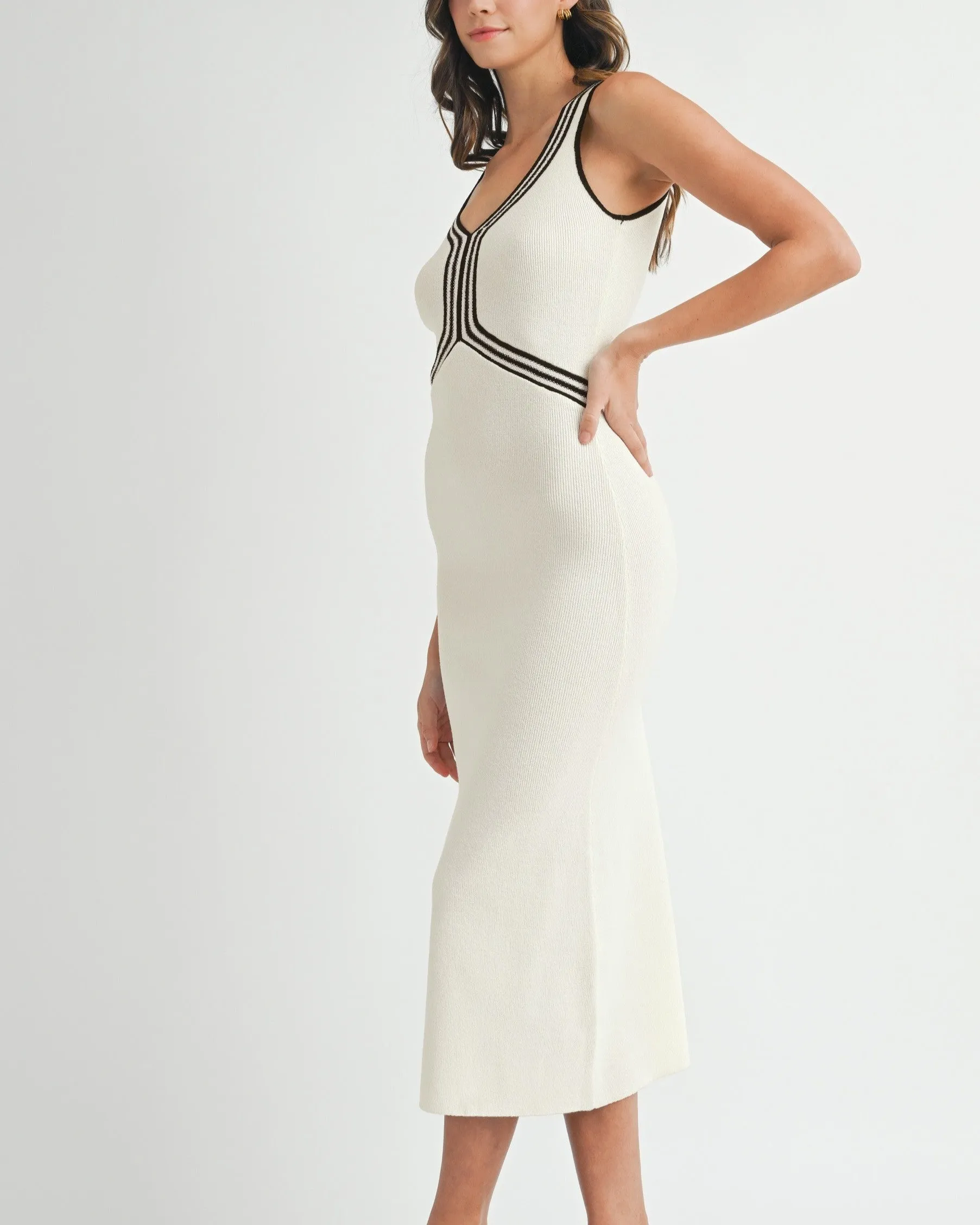 Contrast Lines Knit Bodycon Midi Dress - Cream