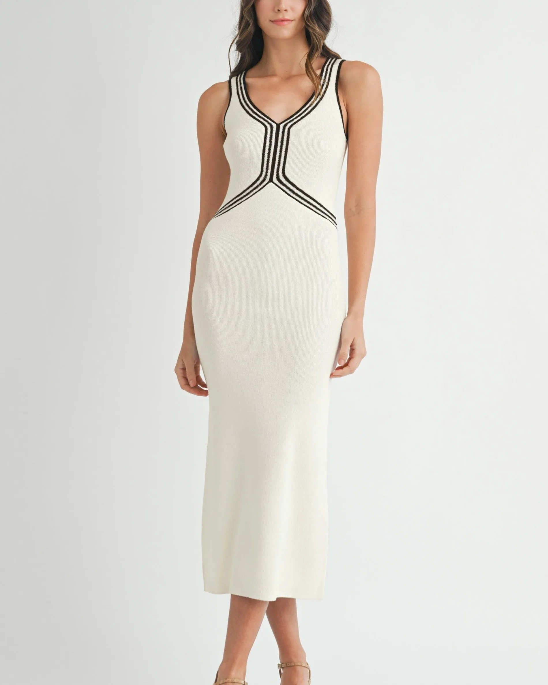 Contrast Lines Knit Bodycon Midi Dress - Cream