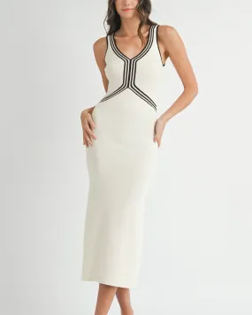 Contrast Lines Knit Bodycon Midi Dress - Cream