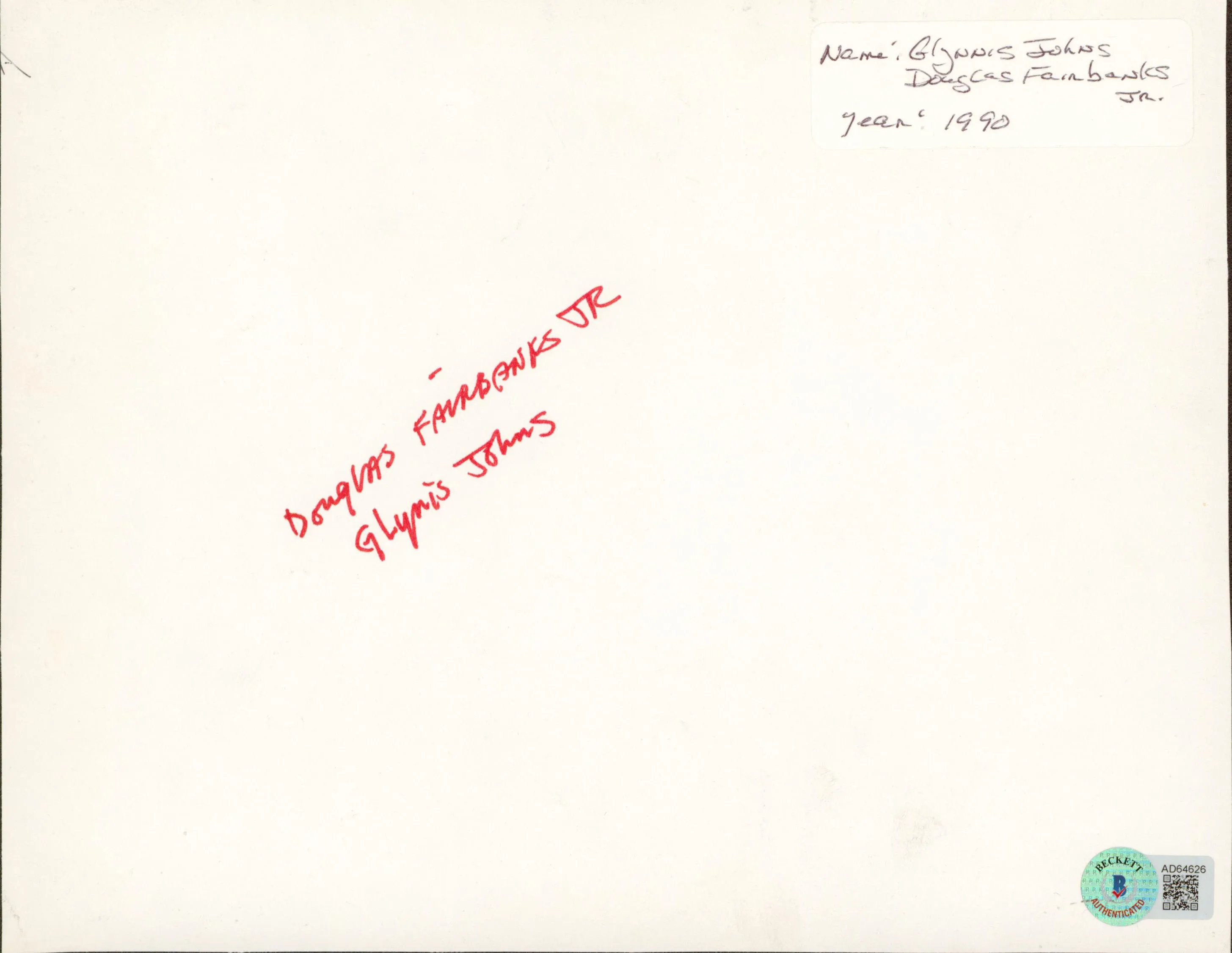 Douglas Fairbanks Jr. & Glynis Johns State Secret Signed 8x10 Photo BAS #AD64626