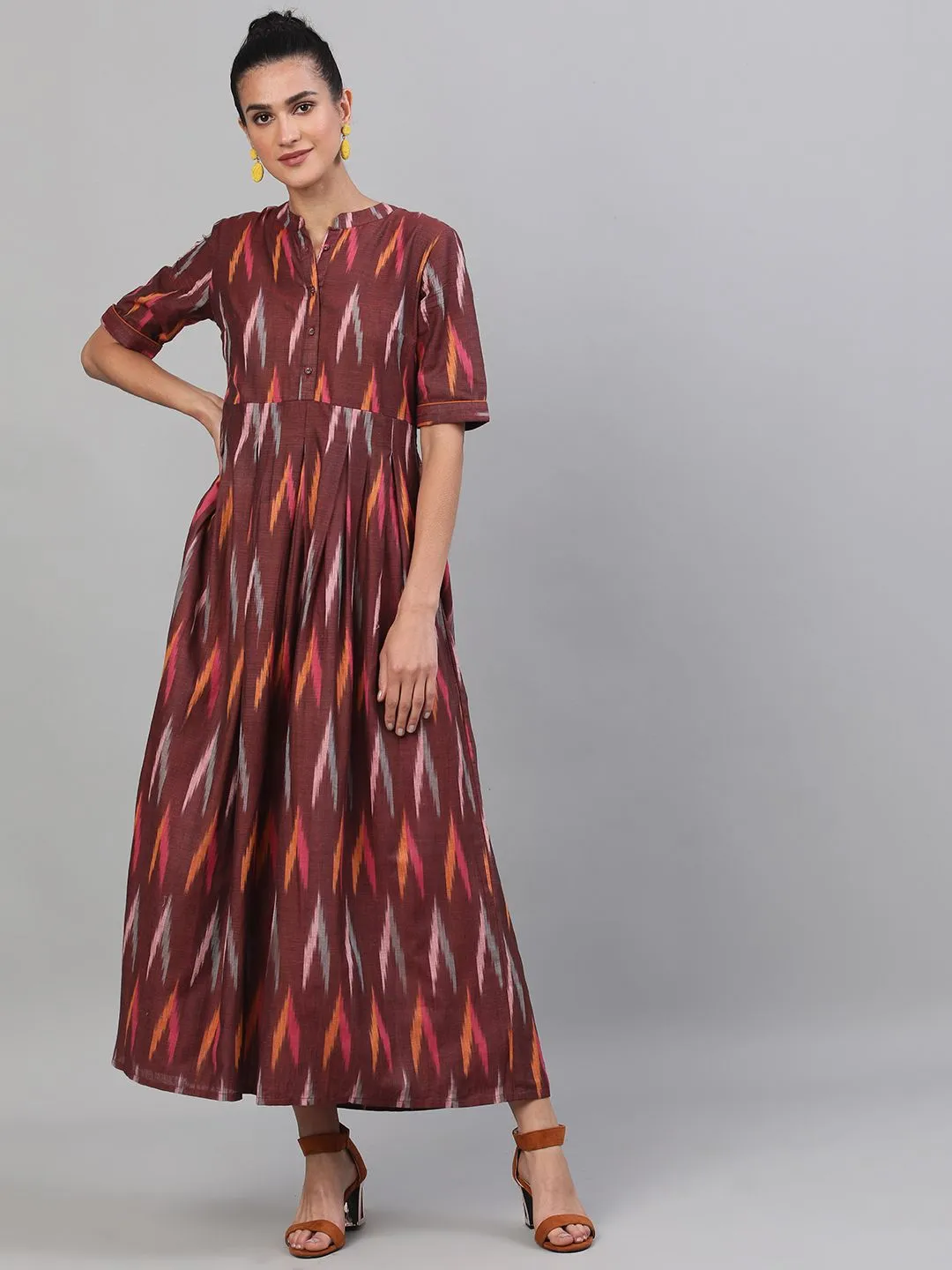 DRESS - Maroon Ikat Handloom Woven Design Box Pleated Maxi