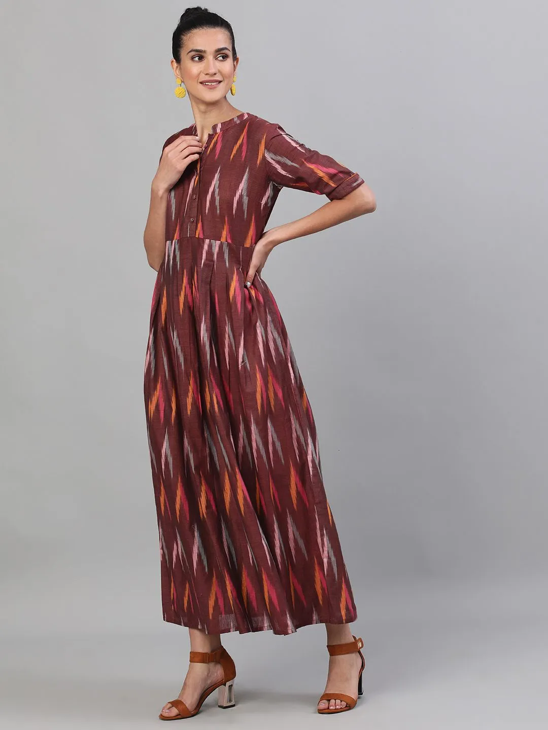 DRESS - Maroon Ikat Handloom Woven Design Box Pleated Maxi