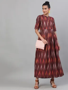 DRESS - Maroon Ikat Handloom Woven Design Box Pleated Maxi