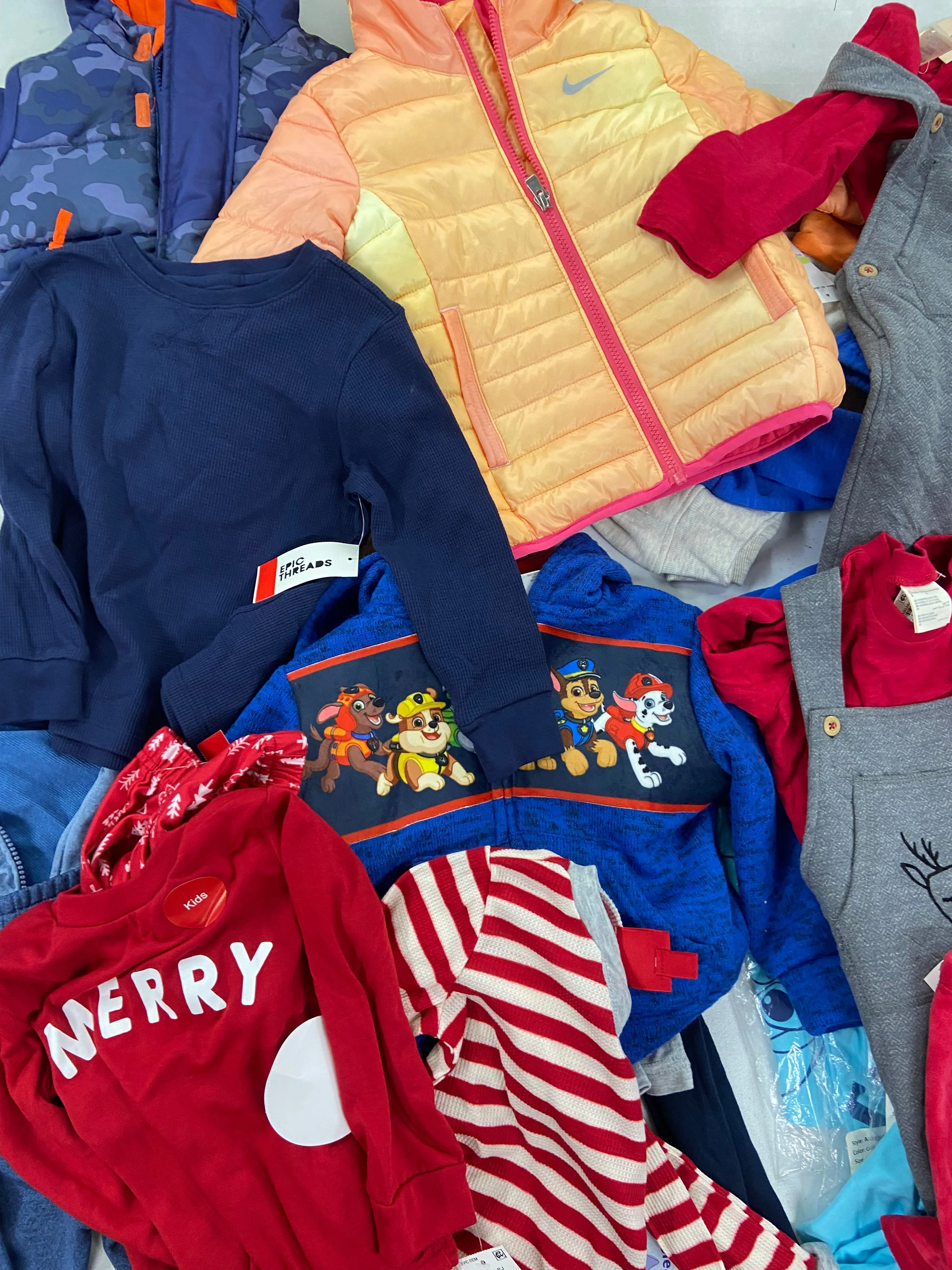 Kid's Clothing Assorted Wholesale Lot, NIKE, HURLEY, NICKELODEON, DISNEY, ROTHSCHILD, FAMILY PJS, FIRST IMPRESSIONS and more, 17 items, Shelf Pulls, MSRP $716