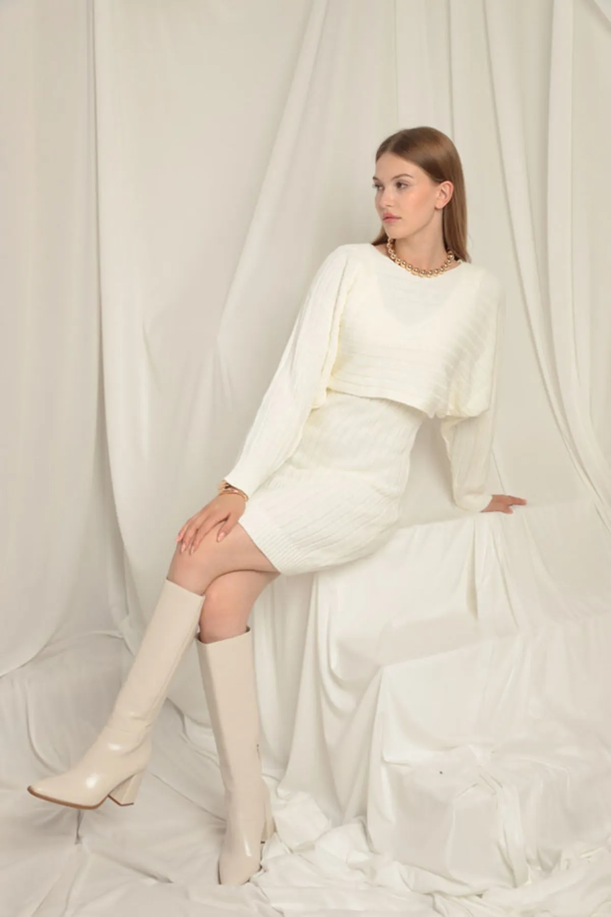 KKT Ecru Dress Set with Knitted Fabric Sweater - Coventry