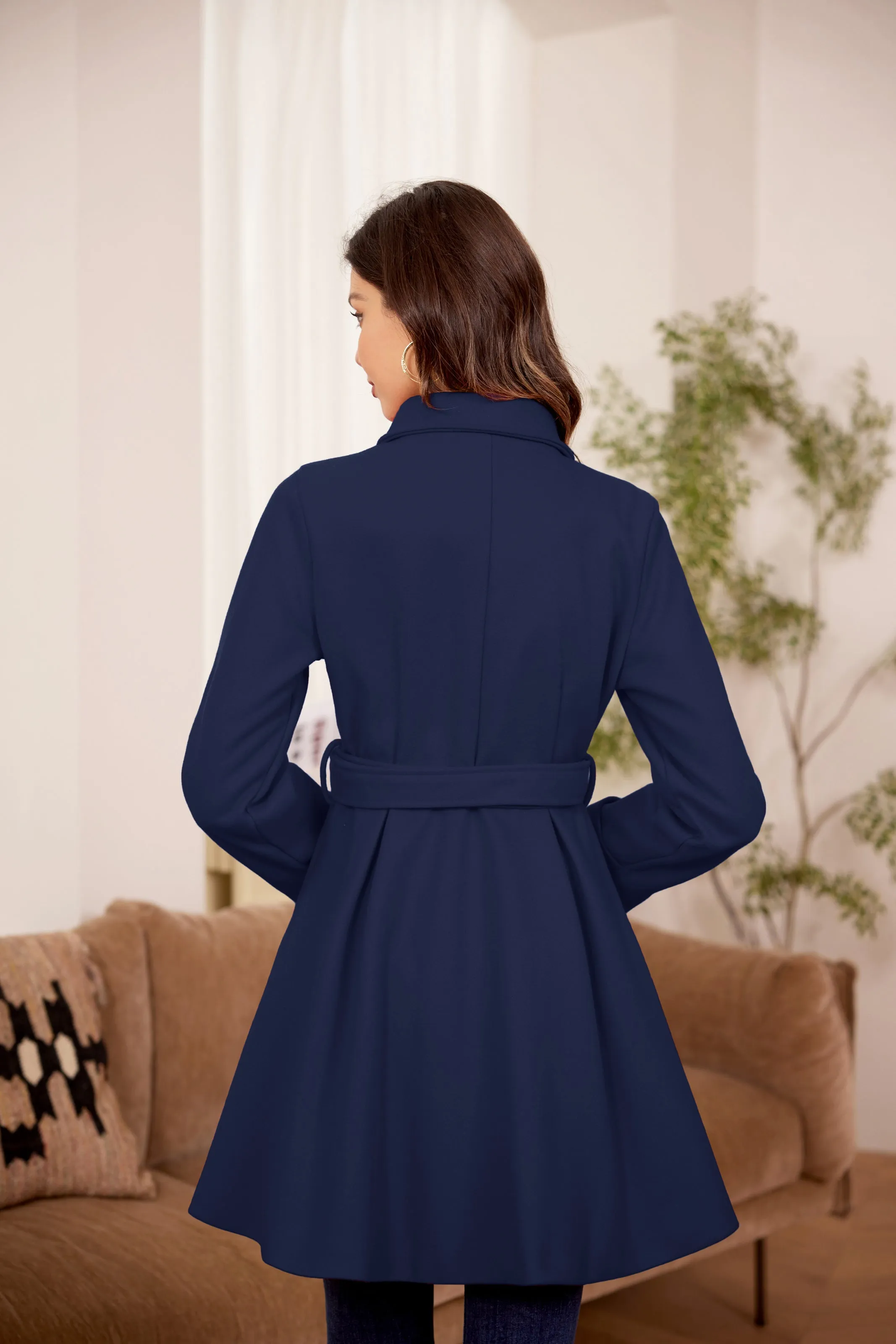 Lapel Collar Peacoat with Belt Above Knee Double Breasted Overcoat