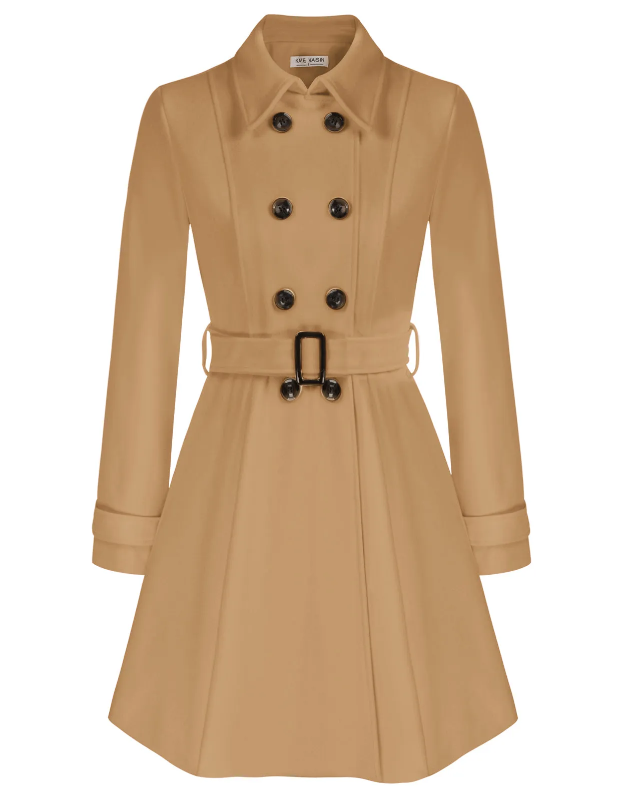 Lapel Collar Peacoat with Belt Above Knee Double Breasted Overcoat