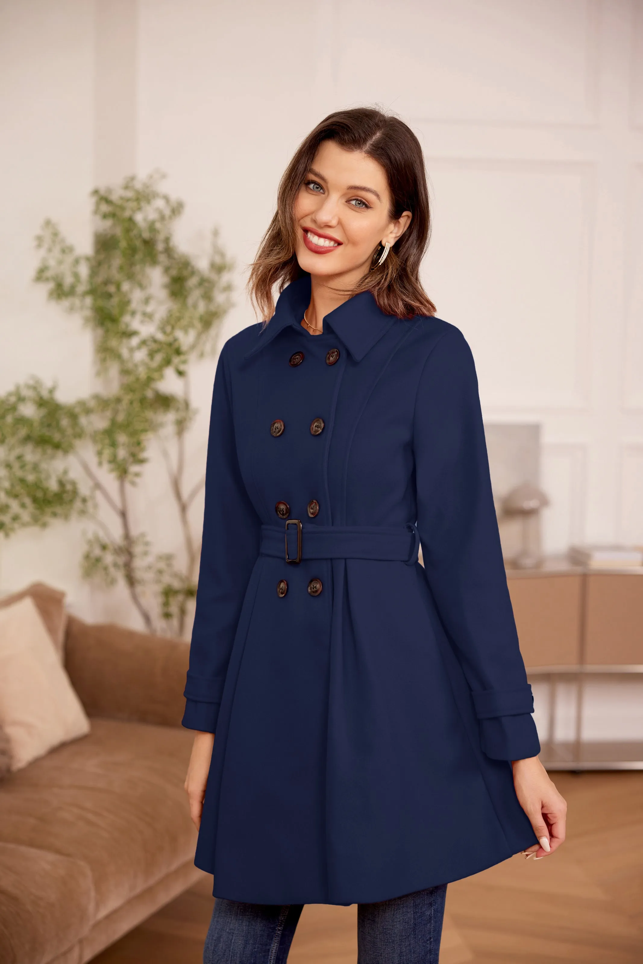 Lapel Collar Peacoat with Belt Above Knee Double Breasted Overcoat