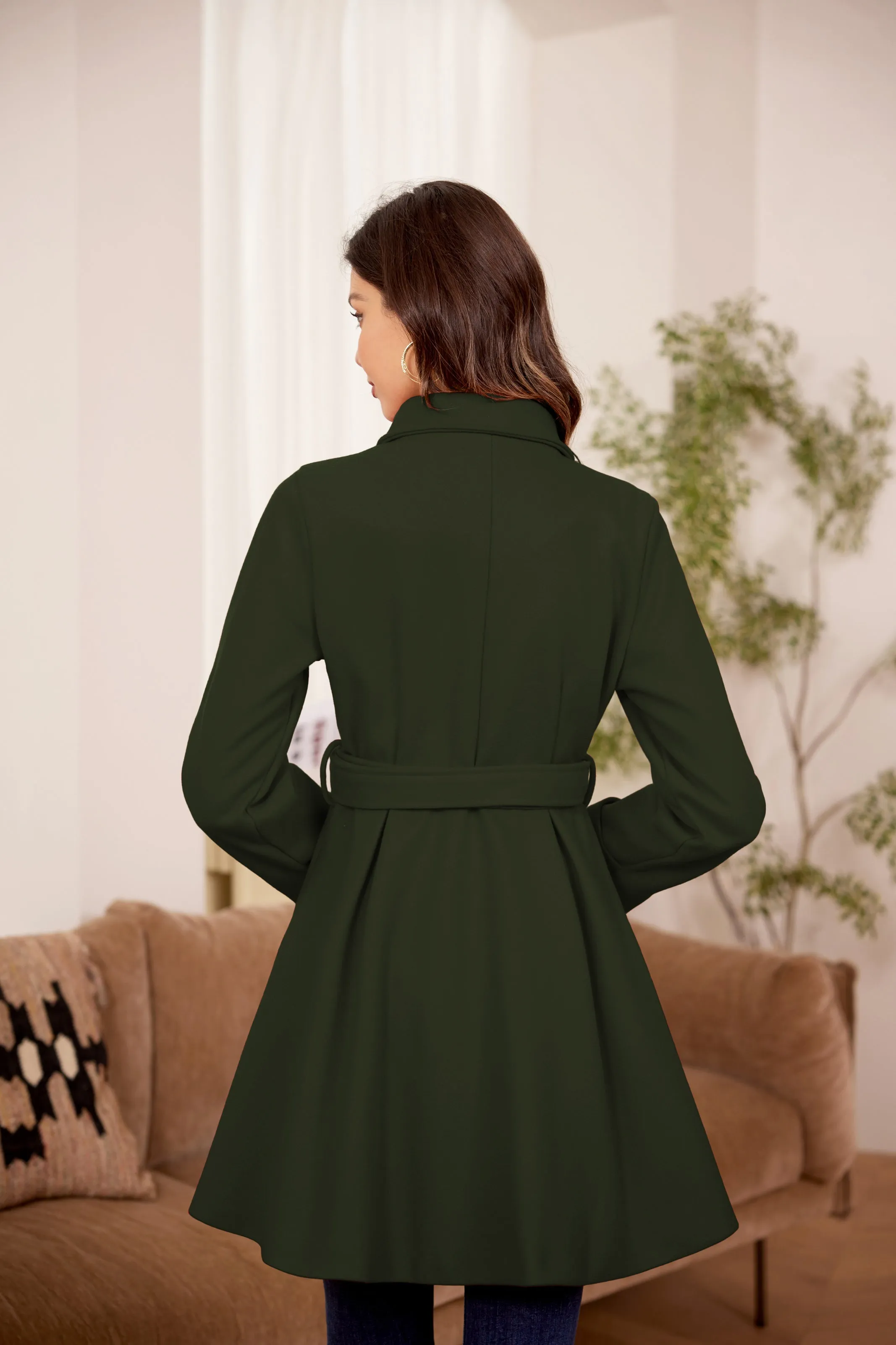 Lapel Collar Peacoat with Belt Above Knee Double Breasted Overcoat