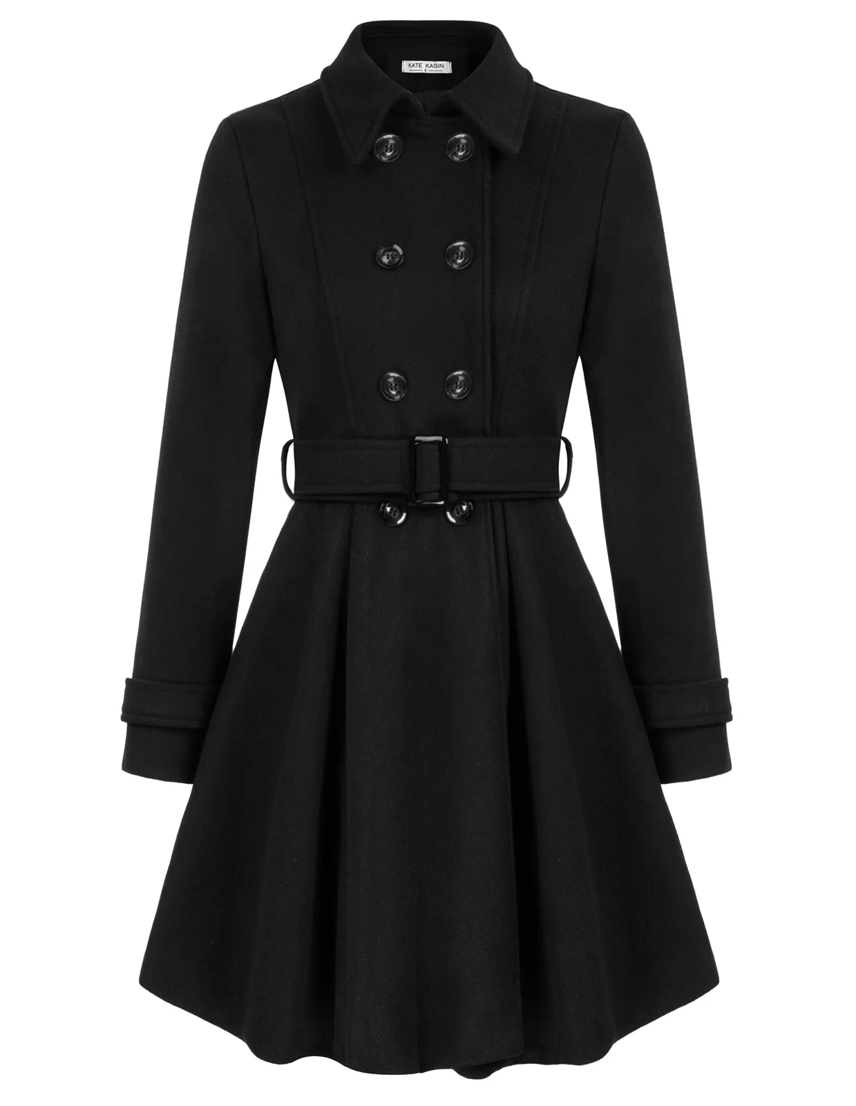 Lapel Collar Peacoat with Belt Above Knee Double Breasted Overcoat