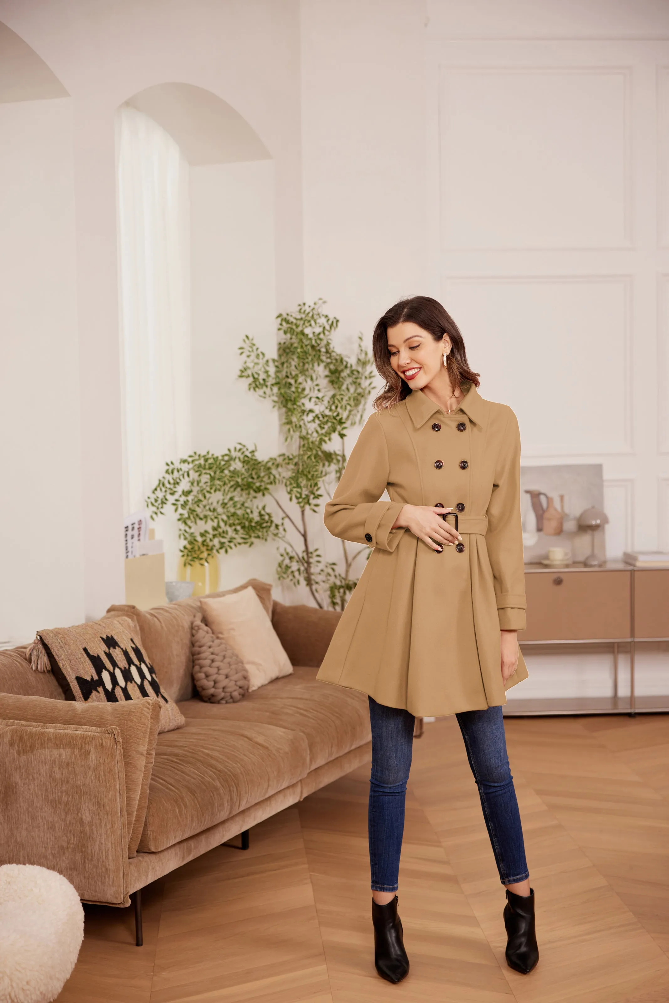 Lapel Collar Peacoat with Belt Above Knee Double Breasted Overcoat