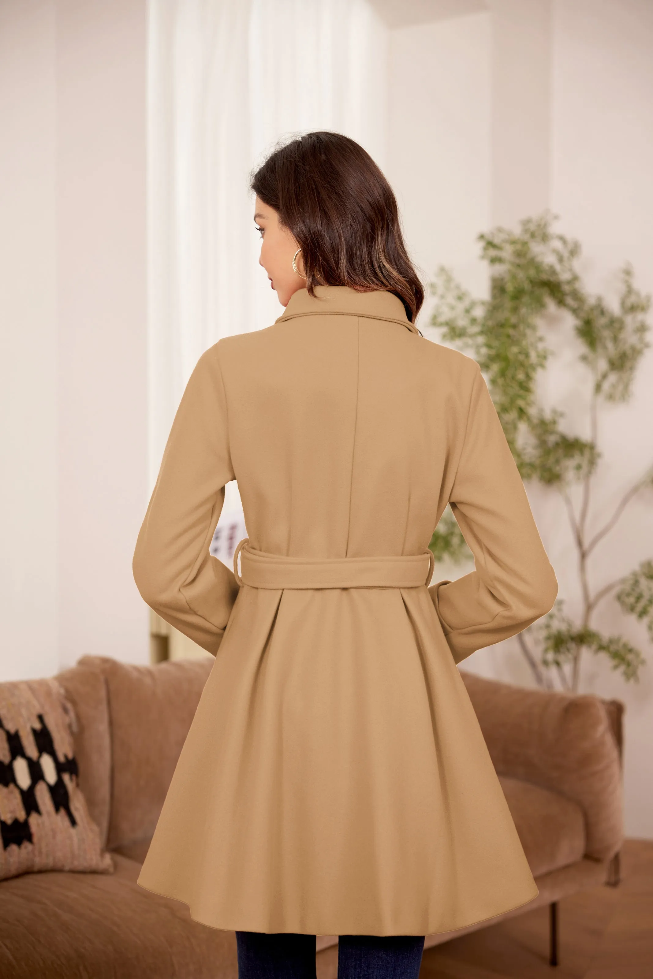 Lapel Collar Peacoat with Belt Above Knee Double Breasted Overcoat