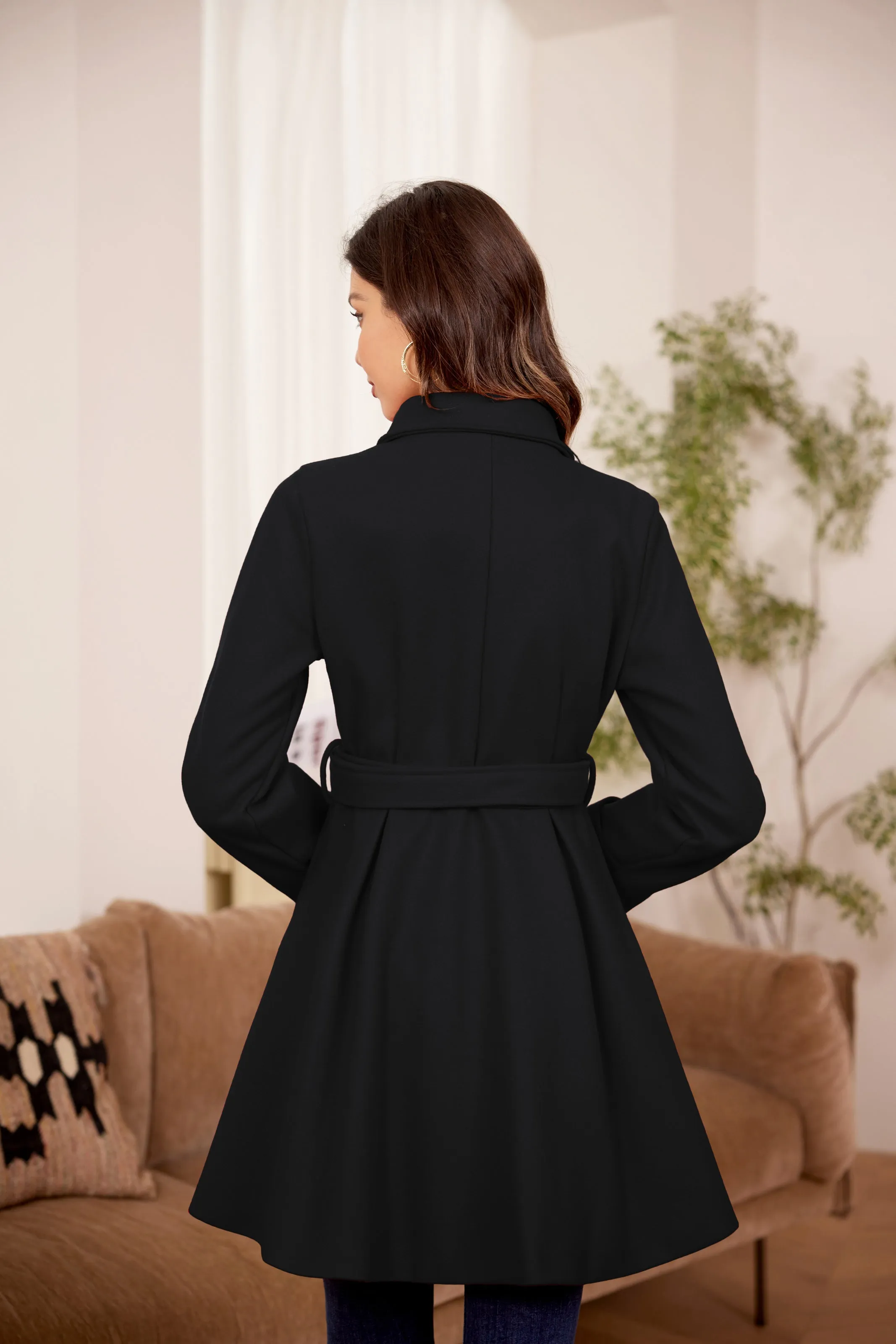 Lapel Collar Peacoat with Belt Above Knee Double Breasted Overcoat