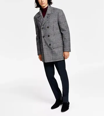 Lauren Ralph Lauren Mens Luke Peacoat Coat Black White Glenn Plaid 40L