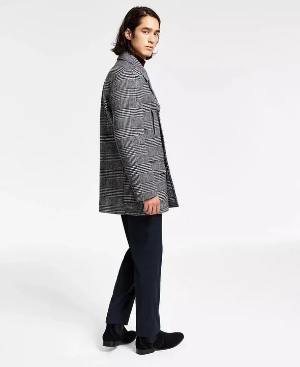 Lauren Ralph Lauren Mens Luke Peacoat Coat Black White Glenn Plaid 40L