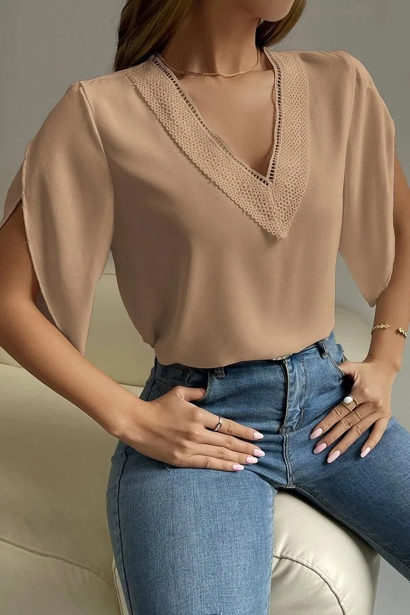 LAYERED V NECK ANGEL SLEEVED BLOUSE TOP