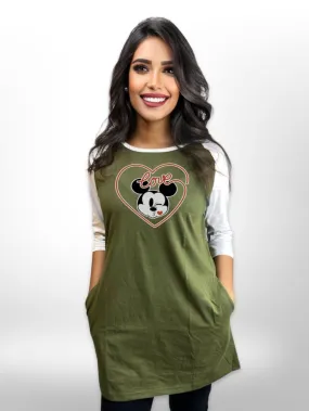Love Singe Printed Long T-shirt Raglan Sleeve Side Pocket For Women's