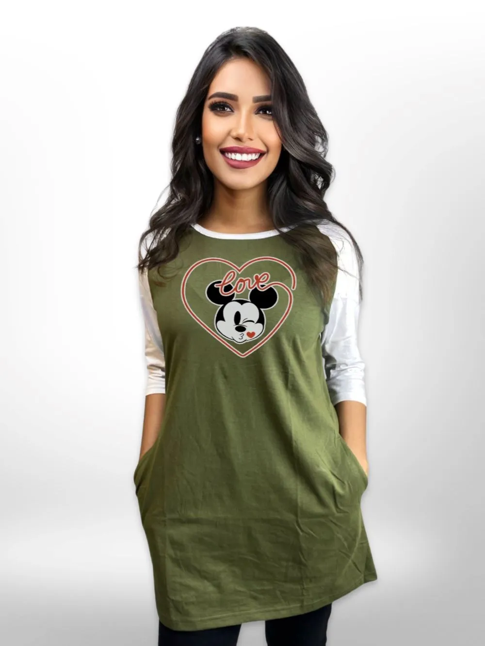 Love Singe Printed Long T-shirt Raglan Sleeve Side Pocket For Women's