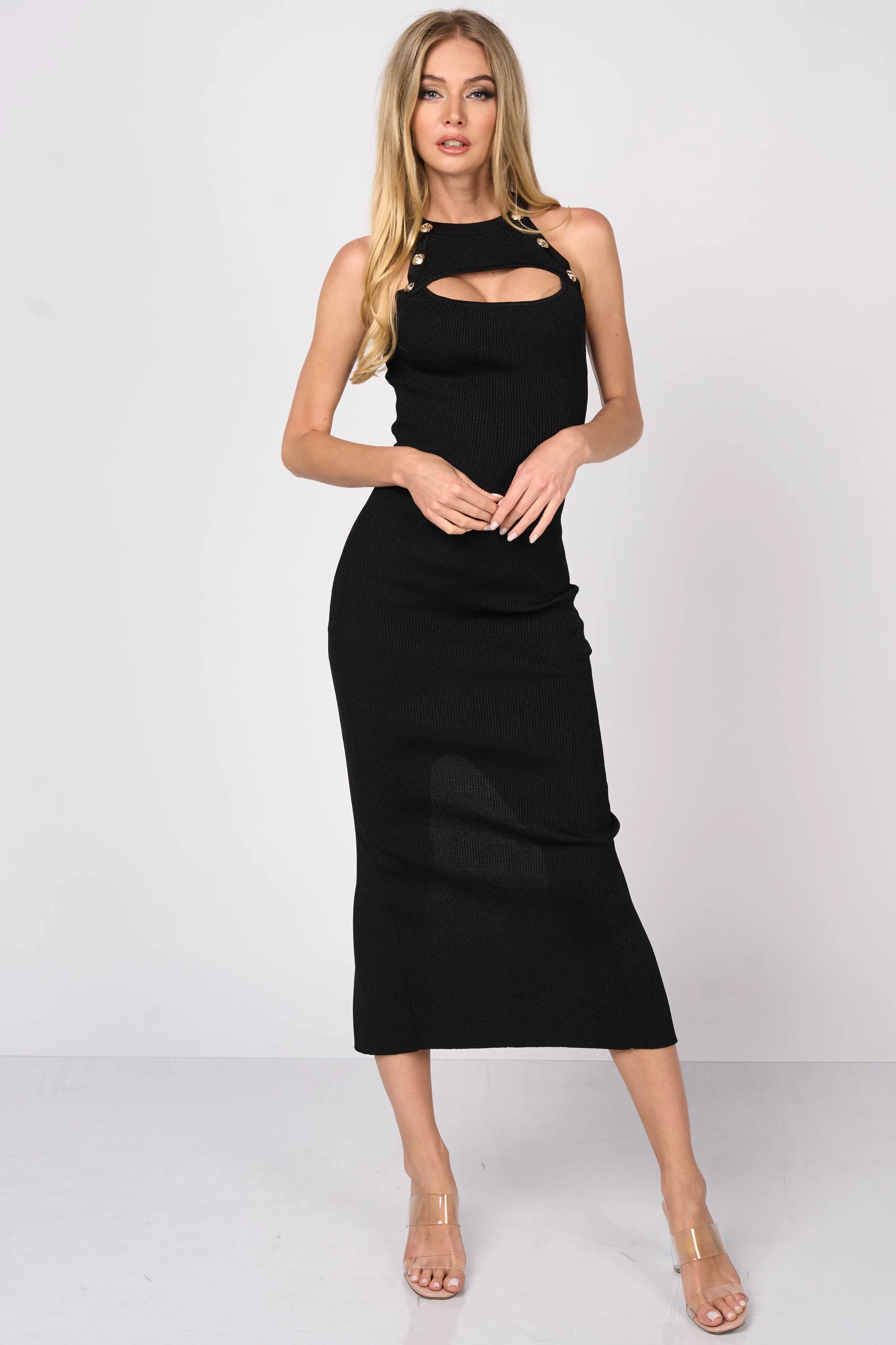 LUXE SWEATER RIB GOLD BUTTON TRIM HALTER DRESS
