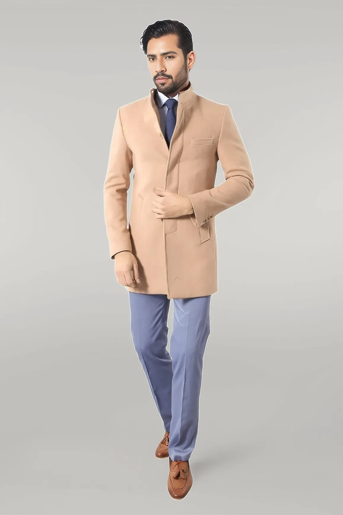 Mandarin Collar Beige Men's Long Men's Coat | Wessi