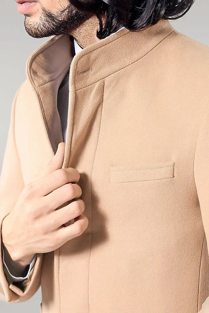Mandarin Collar Beige Men's Long Men's Coat | Wessi