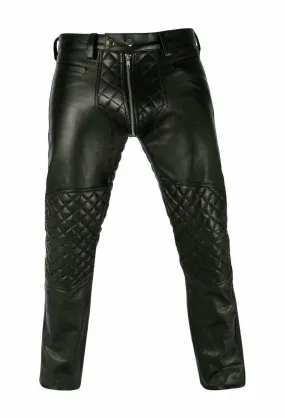 Men's Real Cowhide Soft Leather Quilted Trouser Pants