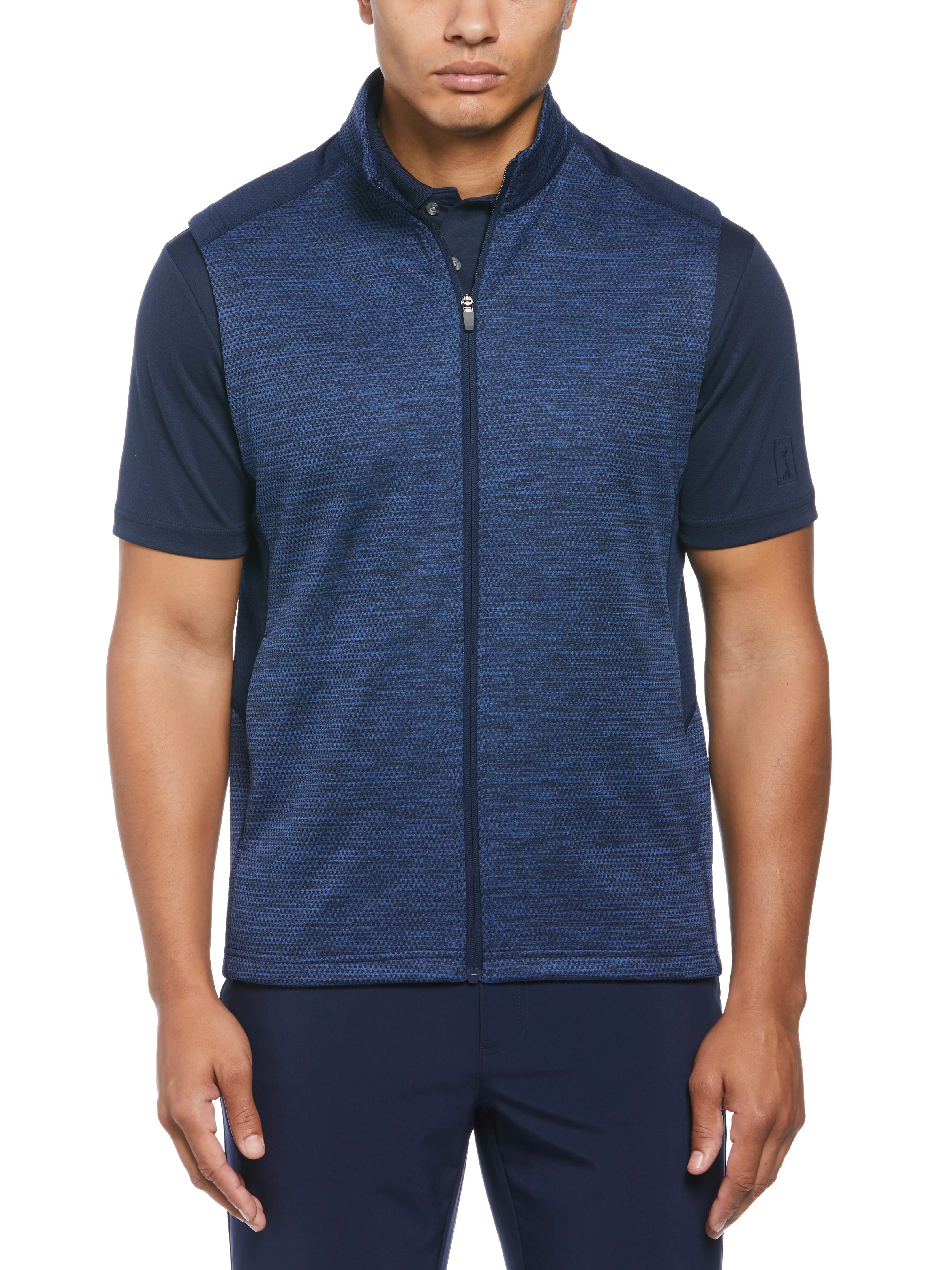 PGA TOUR Mens Two Tone Space Dyed Full Zip Golf Vest Peacoat Heather Blue 2XL