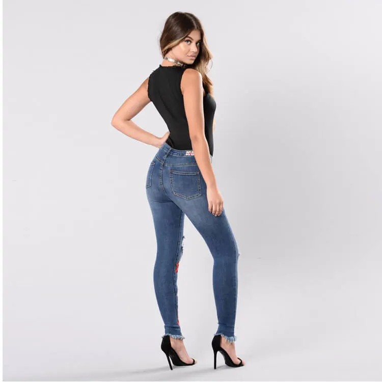 Plus Size Stretch Embroidery Ripped Skinny Denim Pants