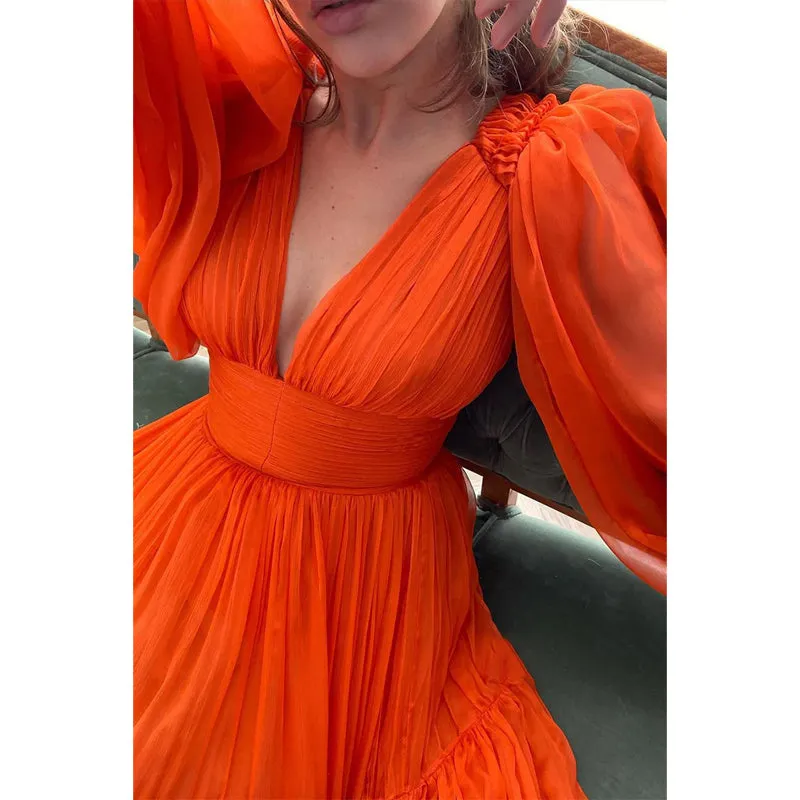 Sexy Deep V-neck Orange Tulle Long Sleeves A-line Formal Evening Dress